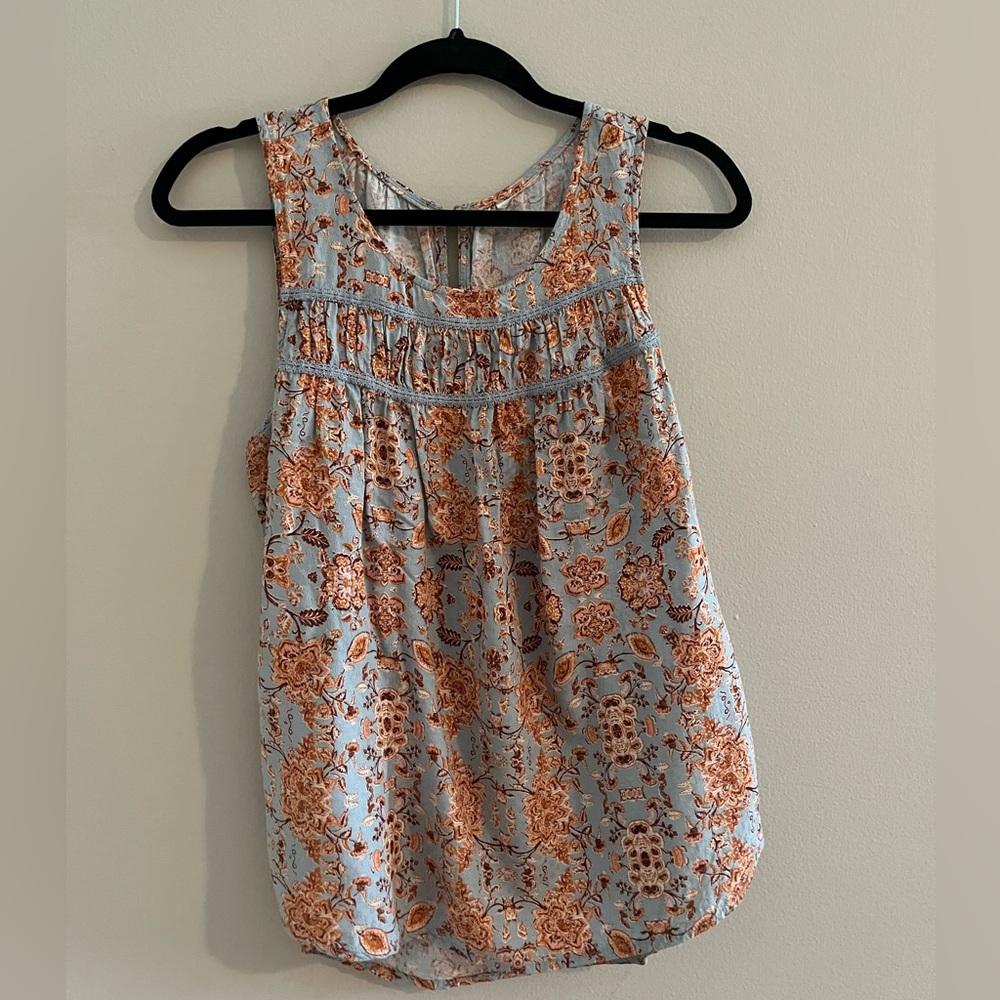 Floral Sleeveless Top - Orange and Blue